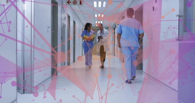 Entering medical ward nurse and physician reviewing files ensuring care with animated icons