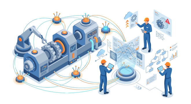 Isometric Smart Factory Illustration with Engineers Monitoring Industrial Automation, Robotic Arm, and Data Analytics for Industry 4.0 Digital Transformation and Manufacturing Efficiency