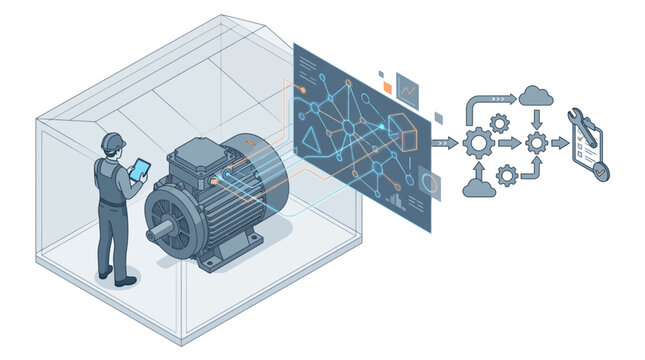 Isometric Industrial Motor Digital Twin Interface with Engineer for Predictive Maintenance and Smart Factory Industry 4.0 Data Analysis