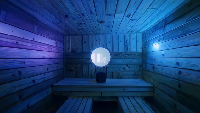 High quality 4K cinematic footage capturing the interior of brown wooden sauna with warm multi colored LED backlighting highlighting ambient mood relaxing textures cozy wellness atmosphere 
