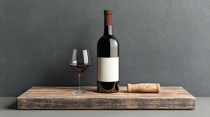 Wine bottle and wine cork on old wooden board