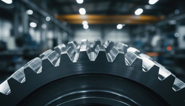 Close-up of a large metal gear in an industrial factory setting, showcasing precision engineering and mechanical power.