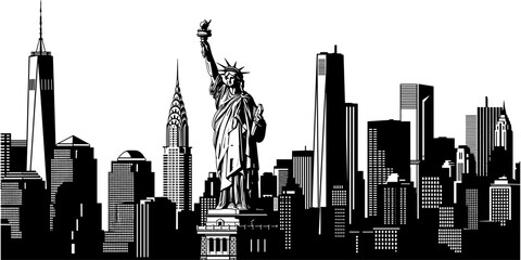 Obraz premium Black and white vector illustration of New York City skyline featuring Statue of Liberty and skyscrapers isolated on white background