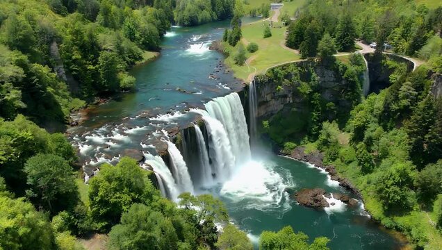 Cinematic 4K drone footage of Cumberland Falls &ldquo;Little Niagara &rdquo; highlighting cascading water mist surrounding forested landscape Kentucky travel nature waterfall stock 