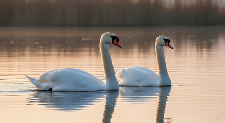 Obraz premium Pair of White Swans Swimming Together on a Calm Lake at Sunset