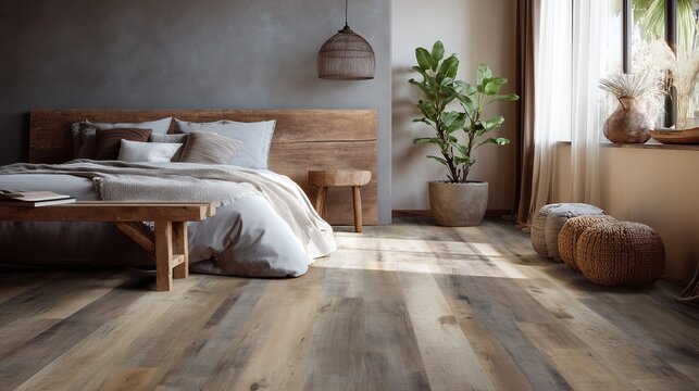 Sunlit bedroom with realistic wood-look lvp flooring, bed, bench, pouf, plant, and window creating warm, modern rustic ambiance.