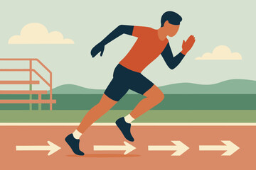 Obraz premium Athlete Sprinting on Track with Arrows Indicating Direction.
