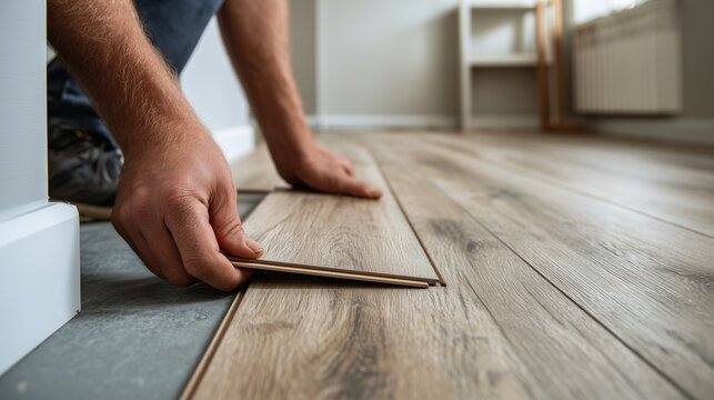 Hand installing wood-look lvp flooring plank in bright room, conveying renovation, durable surface, and easy-install concept.