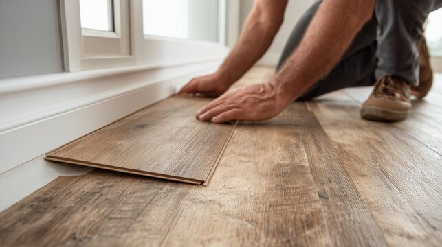 Hand installing lvp flooring plank on wood-look surface, showing detail of click-lock seam and installation process.