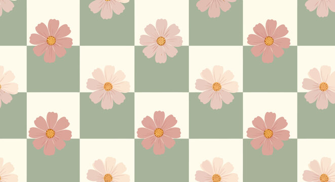 Charming floral pattern featuring delicate pastel flowers arranged in a checkerboard design on a soft green background, perfect for spring and summer themes