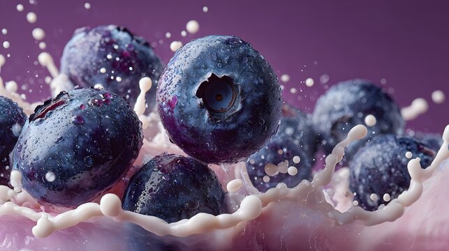 High speed photography capturing fresh blueberries falling into a splash of milk against a purple background with dynamic suspended drops.