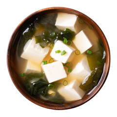 Top view of healthy Japanese miso soup with soft tofu and seaweed in a wooden bowl 