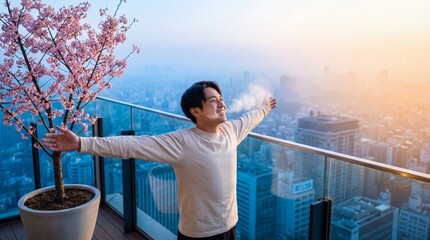 Fototapeta premium Man on Balcony with Cherry Blossoms and City View