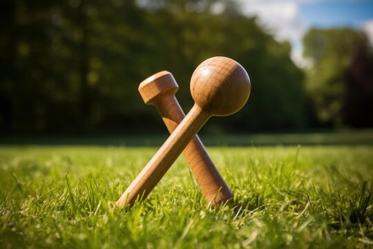 Wooden kubb game pieces standing crossed on green grass in a park