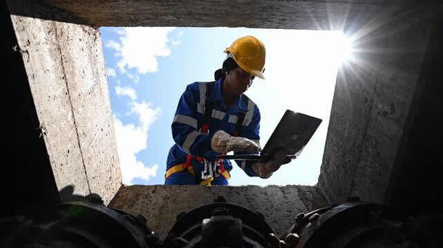 Engineer's Inspection: A skilled engineer, immersed in her work, meticulously examines data on a laptop within a confined industrial space, set against a bright sky.