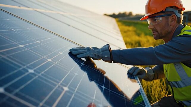 Solar Panel Technician: A skilled technician diligently inspects and maintains solar panels, highlighting the pivotal role of sustainable energy solutions and the people behind the scenes.