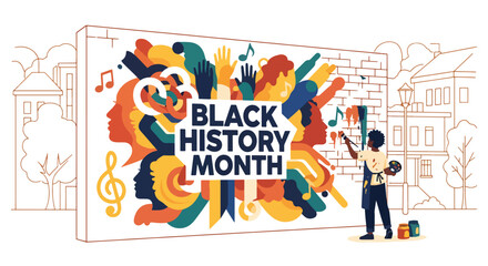 Fototapeta na wymiar Black History Month inspired mural painting scene, modern flat vector celebrating Black creativity, heritage, identity, and community expression