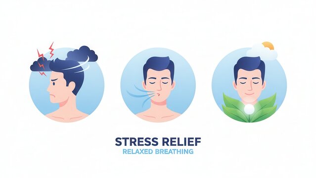 Illustrative journey from intense mental stress to serene relaxation through mindful breathing