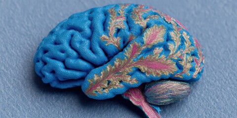 Blue brain anatomy model on pink background