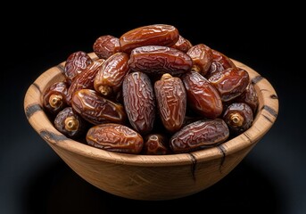 Obraz premium Abundant sweet dried fruits fill a textured wooden bowl against a dark background