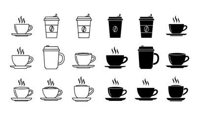 Fototapeta premium Minimal coffee cup outline and solid silhouette icon collection vector