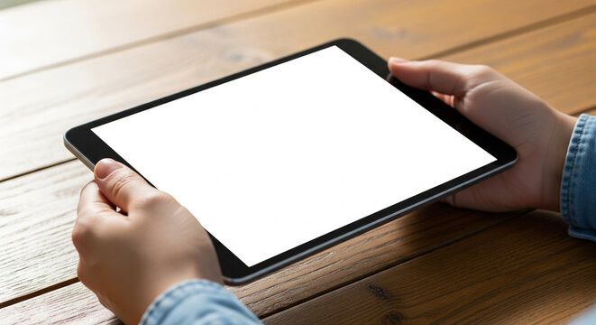 Person holding a black tablet with a blank white screen over a rustic wooden table