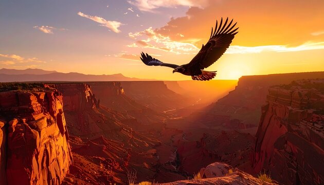 Eagle Silhouette Flying at Twilight Over Mountain Ridge and Sunset Sky
