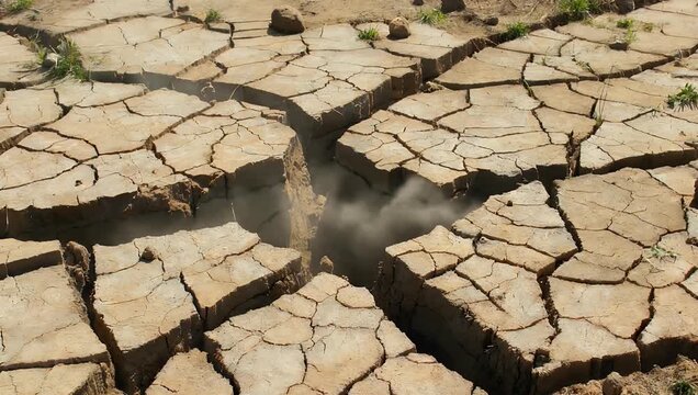 Top view 4K footage of dry cracked soil emphasizing textured cracks parched ground surfaces natural detail environmental agricultural arid landscape stock 