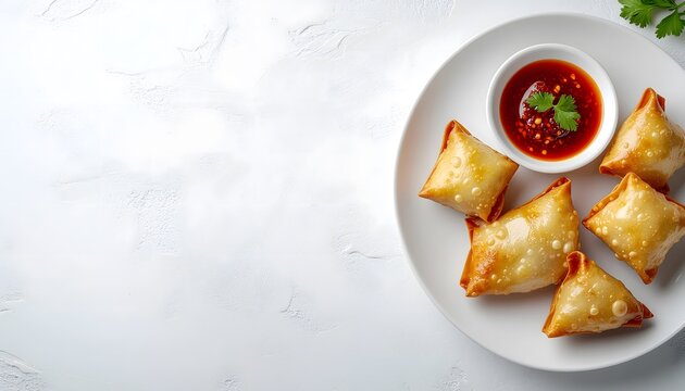 Golden brown samosas served with a vibrant chili sauce on a white plate, perfect for a snack or appetizer