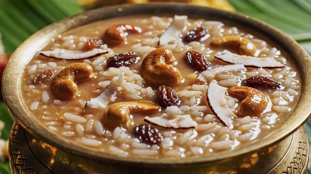 Sweet Rice Porridge with Cashews Raisins and Coconut Flakes in Traditional Brass Pot Close up