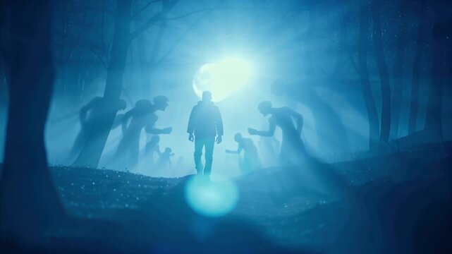 Cinematic 4K video, person walking dark misty forest twilight, shadowy humanoid figures emerging fog, whispering circling person moonlight breaking trees, fog swirling shadows shifting step, surreal