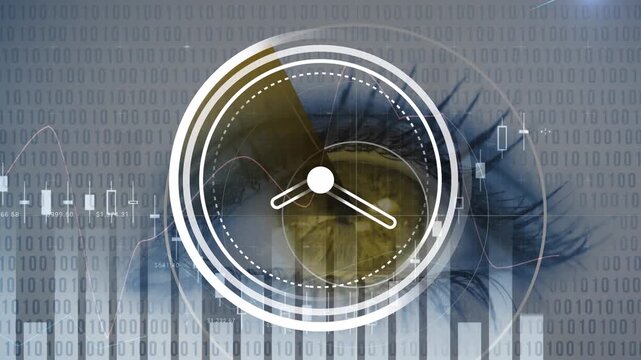 Ticking clock and statistical data processing over close up of a human eye and binary coding