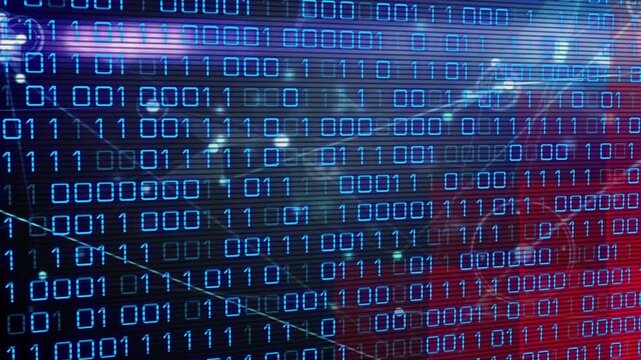 Animation of binary code over connections on navy background