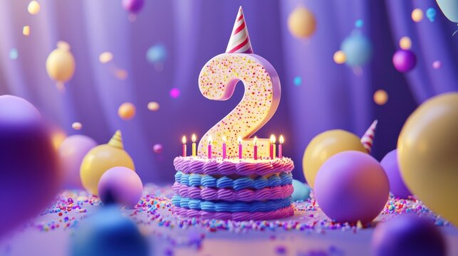 Birthday cake with number 2 and balloons