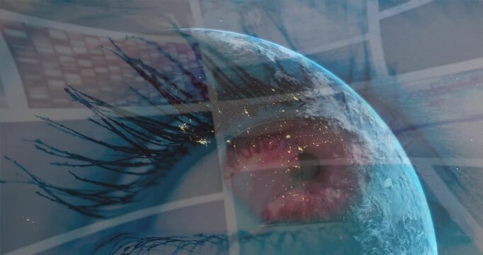 Animation of globe rotating over data on screens, sun and eye of woman