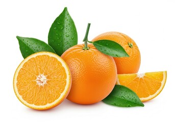 Freshly picked citrus fruits displayed with vibrant green foliage and water droplets