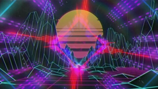 Animation of purple and blue neon diamonds over green and pink parallel curves moving on black