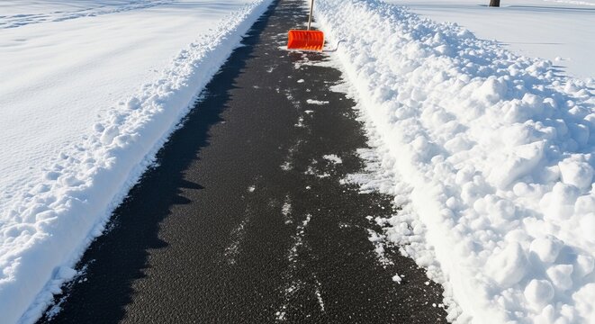 A perfectly cleared path after diligent snow shoveling, representing a crucial winter maintenance routine concept on a bright sunny day