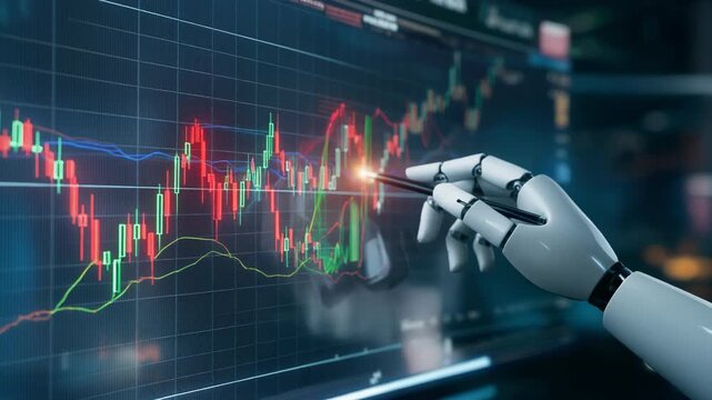 Robot hand analyzing market data robotic hand holding pen interacting with financial chart that represents artificial intelligence driven analytics automated trading and financial technology growth.