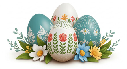 Three decorative easter eggs with floral patterns surrounded by colorful spring flowers on white background
