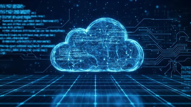 Futuristic cloud network holographic cloud formed by data points and code that visualizes cloud computing digital connectivity and secure virtual infrastructure in high tech environment.