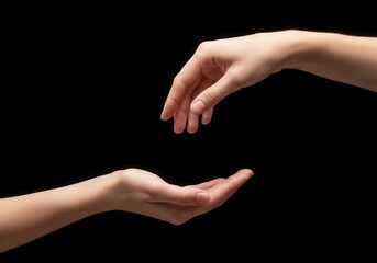 Fototapeta premium Two human hands positioned with one descending toward an upturned open palm against a dark background