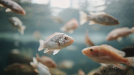 Obraz premium Close-up of a group of fish swimming in an aquarium. the fish are of different sizes and colors, with some being silver and others being orange.