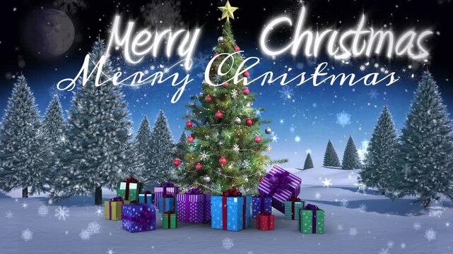 Animation of moon, christmas tree with gift boxes, falling snow, coniferous tree covered with snow