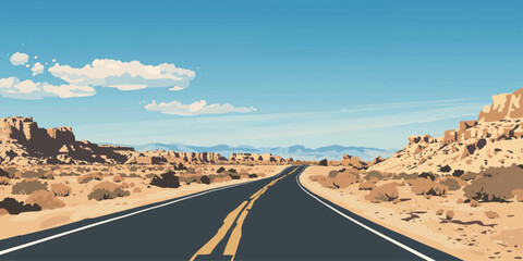 An empty asphalt highway winding through a desert landscape toward distant mountains under a clear blue sky on a travel journey across the American valley © NusratJahan
