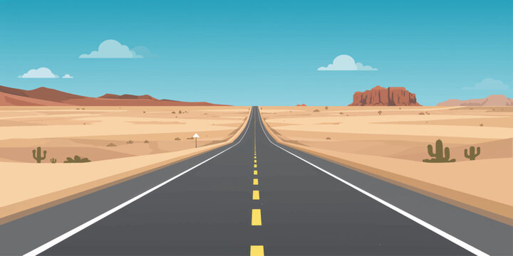 An empty asphalt highway stretches toward the horizon through the vast desert landscape of Death Valley, Nevada, creating a scenic journey toward the mountains under a clear summer sky