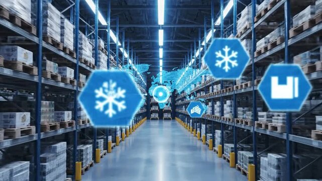Warehouse Logistics with Symbol: Showcasing the operational efficiency of a modern warehouse, highlighting digital symbols that underscore optimal stock management.
