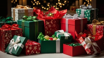 Christmas Presents Wrapped in Red and Green.