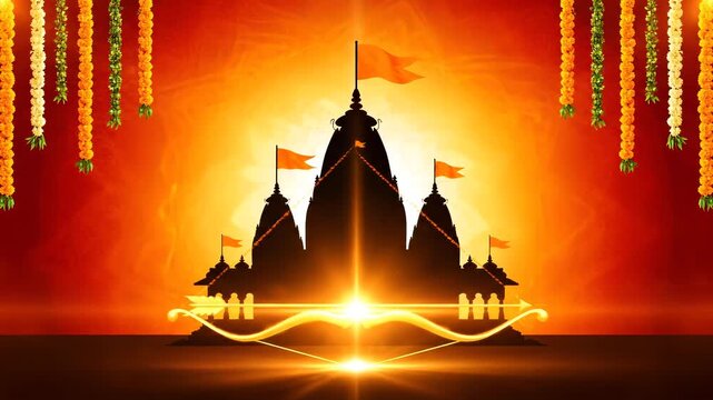 Ram Navami Devotional Animation with Divine Bow Arrow Temple Silhouette and Saffron Sacred Aura