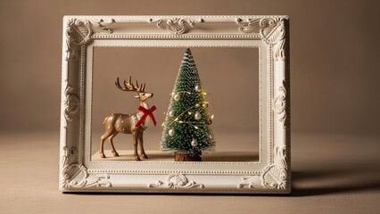 Christmas Reindeer and Tree in Ornate Frame.